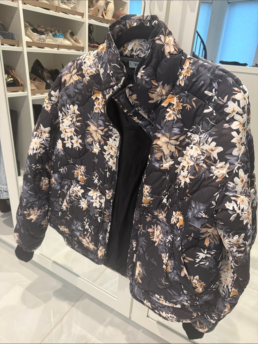 Floral Quilted Puffer Jacket - Black with Cream & Tan Flowers